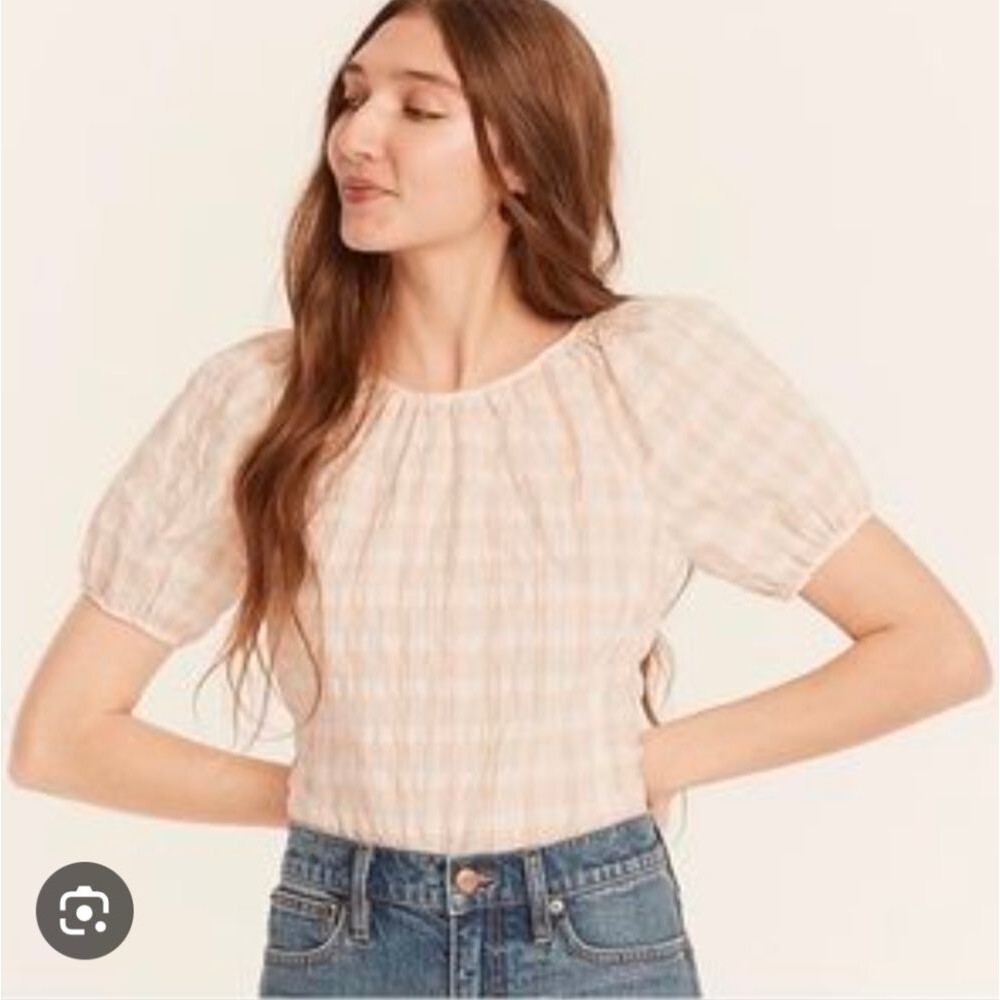 J. Crew Peach Plaid Puff-Sleeve Blouse